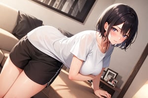 (masterpiece), best quality, 1girl, mature female, black hair, short hair, forehead, shirt, short sleeve, sweat shorts, standing, living room, wide shot