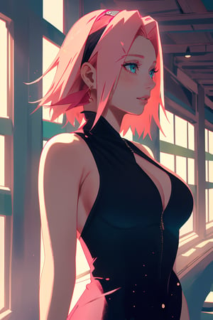 1girl, solo, shor hair, breasts, looking at viewer, green  eyes, pink hair, full body view, large breasts, dress, cleavage, bare shoulders, jewelry, upper body, earrings, indoors, lips, black short dress, realistic,portrait,haruno sakura