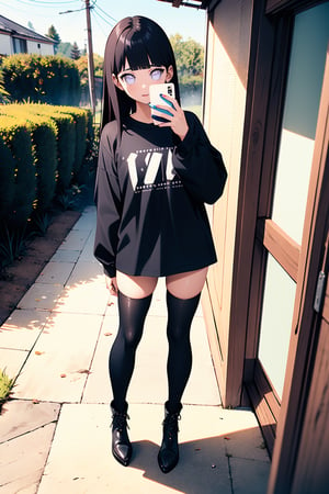 1girl, solo, long hair, brown hair, shirt, thighhighs, long sleeves, holding, standing, full body, pantyhose, boots, outdoors, black footwear, sleeves past wrists, black shirt, tattoo, thigh boots, phone, cellphone, t-shirt, smartphone, holding phone, selfie, taking picture, shirt tug,portrait,hinata (shippuden)