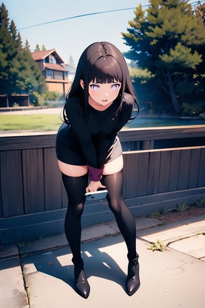 1girl, solo, long hair, brown hair, shirt, thighhighs, long sleeves, holding, standing, full body, pantyhose, boots, outdoors, black footwear, sleeves past wrists, black shirt, tattoo, thigh boots, phone, t-shirt, shirt tug,portrait,hinata (shippuden)