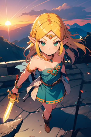 1girl, solo, long hair, breasts, bangs, blonde hair, hair ornament, dress, holding, bare shoulders, jewelry, closed mouth, green eyes, standing, collarbone, weapon, braid, small breasts, boots, outdoors, pointy ears, sword, holding weapon, parted bangs, strapless, brown footwear, holding sword, strapless dress, armlet, sunset, triforce, master sword, link, princess zelda,ZeldaTOTK,portrait