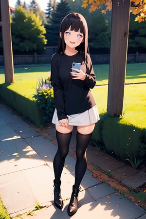 1girl, solo, long hair, brown hair, shirt, thighhighs, long sleeves, holding, standing, full body, pantyhose, happy face, boots, outdoors, black footwear, sleeves past wrists, black shirt, tattoo, thigh boots, phone, t-shirt, shirt tug,portrait,hinata (shippuden)