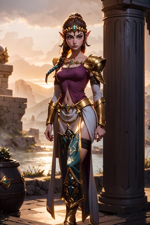 Princess Zelda of The Legend of Zelda game series, clad in her iconic heroic armor. She stands tall and proud, her long flowing hair tied back into a ponytail, adorned with intricate gold ornaments. Her armor is a beautiful blend of silver and green, with intricate engravings that reflect her status as the heroine of the story. Her chest plate is emblazoned with the symbol of the Triforce, a powerful artifact that grants its wielder the powers of wisdom, courage, and power. Zelda's confident expression and strong posture radiate an aura of determination and strength, as if she is ready to face any challenge that comes her way. Her leather gauntlets and shin guards are well-worn, bearing testament to the countless battles and adventures she has already embarked on. Behind her, the setting sun casts a warm glow over the landscape, bathing the kingdom in a golden light, as if to underscore, princess zelda, hair ribbon, twpr