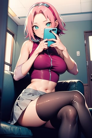 1girl, solo, short hair, breasts, skirt, large breasts, thighhighs, holding, green eyes, sitting, thighs, pink hair, pleated skirt, indoors, white thighhighs, blue skirt, crop top, phone, crossed legs, cellphone, smartphone, holding phone, sports bra, selfie,portrait,haruno sakura