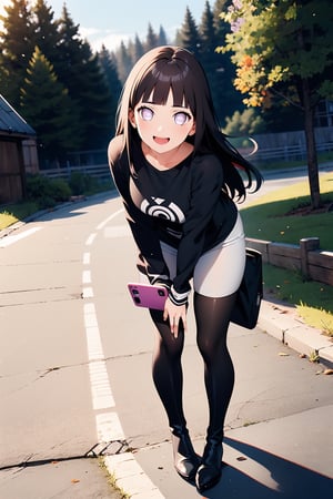 1girl, solo, long hair, brown hair, shirt, thighhighs, long sleeves, holding, standing, full body, pantyhose, happy face, boots, outdoors, black footwear, sleeves past wrists, black shirt, tattoo, thigh boots, phone, t-shirt, shirt tug,portrait,hinata (shippuden)