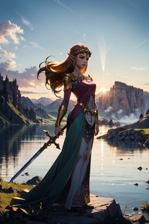 Princess Zelda of The Legend of Zelda game, standing heroically amidst a breathtaking landscape. Her long, flowing golden hair is swept back, revealing her elegant features and determined expression. Clad in her iconic green dress and gold accents, she wields her trusty sword, prepared for battle against the forces of darkness. In the distance, the sun sets over a mountainous terrain, bathing the scene in a warm, golden light. The sky is filled with wispy clouds that seem to form an epic backdrop for her heroic figure. Zelda stands atop a rocky outcropping, her posture confident and strong, as if daring any enemy to approach. Behind her, a lush forest stretches out, its trees swaying gently in the breeze, and a peaceful lake reflects the colors of the sky. The scene is both serene and epic, showcasing Princess Zelda's dual roles as both a fairytale princess and a courageous heroine, princess zelda, hair ribbon, twpr