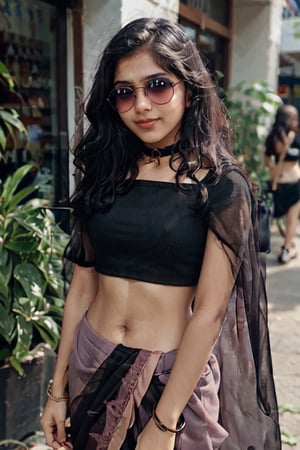 photography, 1girl, mallu 18yo' heart-shaped pupils, fingernails, black hair, saree, purple eyes, (blush:1.1), choker, upper body, trembling, sweat, sweatdrop, heart, (medium breasts:0.6), love, heart, crop top, happy, smile, lace, bokeh, (freckles:0.8), natural skin texture,black and white portrait,18 year old girl,1 girl,Extremely Realistic,20 year old girl,Mallu girl,full_body,shoping  mall ,sunglasses,15yo