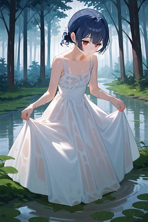 (score_9,score_8_up,score_7_up), wlop, 1girl, morino rinze, dark blue hair, single hair bun, red eyes, white dress, sundress, skirt hold bowing, outdoor, tress, river, forest, rainy, wet, mud