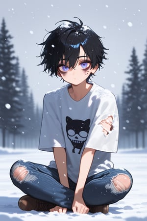 1girl, tomboy, minimal makeup with dark eyeliner, oversized t-shirt, ripped black skinny jeans, sitting on ground, wariza, v arms, snow, snowing, solo, winter, best quality, amazing quality, very aesthetic, absurdres, hires, beautiful face, perfect eyes, depth of field, score_9, score_8, score_7