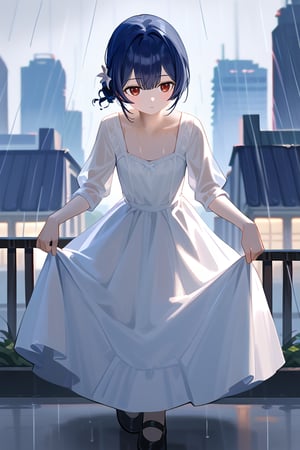 (score_9,score_8_up,score_7_up), wlop, 1girl, morino rinze, dark blue hair, single hair bun, red eyes, white dress, sundress, skirt hold bowing, outdoor, cityscape, skyscrapers, rainy weather, lightning