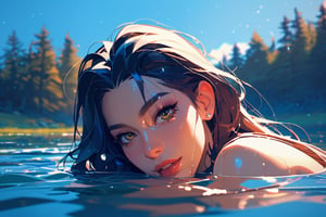 score_9, score_8_up, score_7_up, 1girl, face focus, head portrait, partially submerged, lake, trees