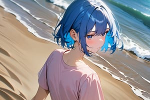 1girl, short hair, blue hair, blue eyes, pink shirt, short sleeves, upper body, outside, sand, sea, masterpiece, best quality, absurdres, very aesthetic, newest, General