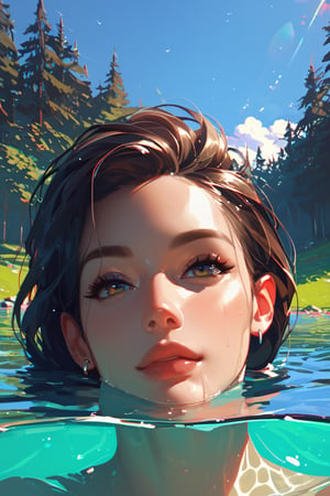 score_9, score_8_up, score_7_up, 1girl, face focus, head portrait, partially submerged, lake, trees