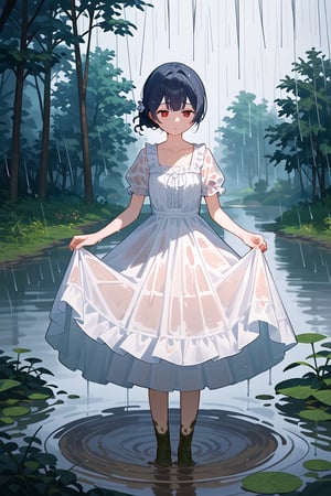 (score_9,score_8_up,score_7_up), anime, morino rinze, 1girl, dark blue hair, single hair bun, red eyes, white dress, sundress, frilled dress, short sleeves, see-through sleeves, skirt hold bowing, outdoor, tress, river, forest, rainy weather, wet, mud