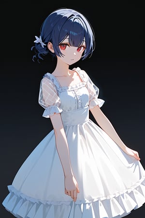 (score_9,score_8_up,score_7_up,score_6_up,score_5_up,score_4_up), anime, morino rinze, 1girl, dark blue hair, single hair bun, multicolored eyes, red eyes, dress, white dress, sundress, frilled dress, short sleeves, see-through sleeves, simple background gradient background, black background