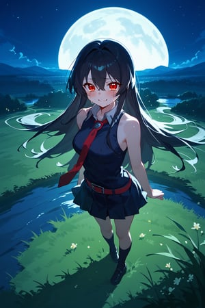 (score_9,score_8_up,score_7_up), flat color, 1girl, Akame, red eyes, black hair, long hair, hair between eyes, medium breasts, black school uniform, sleeveless, bare shoulders, red necktie, pleated skirt, red belt, bare feet, standing, from above, grass, lake, blue sky, complex background, landscape, night sky, full moon, night light, backlighting, dark background