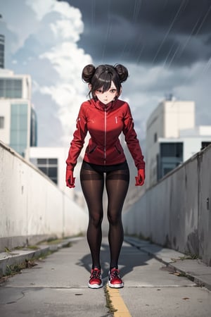 (masterpiece, best quality), highly detailed, highres, 1girl, hair bun, black pantyhose, outdoor, city, stormy weather