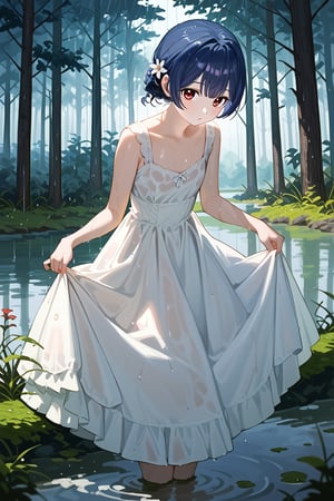 (score_9,score_8_up,score_7_up), wlop, 1girl, morino rinze, dark blue hair, single hair bun, red eyes, white dress, sundress, skirt hold bowing, outdoor, tress, river, forest, rainy, wet, mud