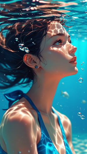 score_9, score_8_up, score_7_up, 1girl, underwater, face, partially submerged