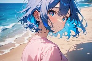 1girl, short hair, blue hair, blue eyes, pink shirt, short sleeves, upper body, from front, outside, sand, sea, masterpiece, best quality, absurdres, very aesthetic, newest, General