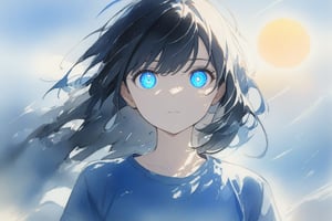 1girl, black hair, blue eyes, glowing eyes, shirt, short sleeves, blue shirt, standing, sky, sun, sunlight, portrait, watercolor, masterpiece, best quality, absurdres, newest