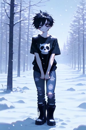 1girl, tomboy, boyish woman with emo-grunge fashion, minimal makeup with dark eyeliner, oversized t-shirt, ripped black skinny jeans, heavy combat boots, slight smirk, snow, snowing, solo, v arms, winter, best quality, amazing quality, very aesthetic, absurdres, hires, beautiful face, perfect eyes, depth of field, score_9, score_8, score_7