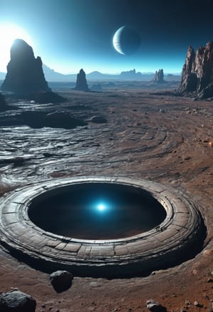 Exoplanet with a ring system, view from the surface, alien landscape with strange rock formations, ring shadows casting on the ground, hyper-detailed, cinematic lighting, 4k quality



