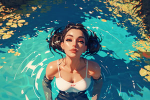 score_9, score_8_up, score_7_up, 1girl, face focus, head portrait, partially submerged, lake, trees, from above