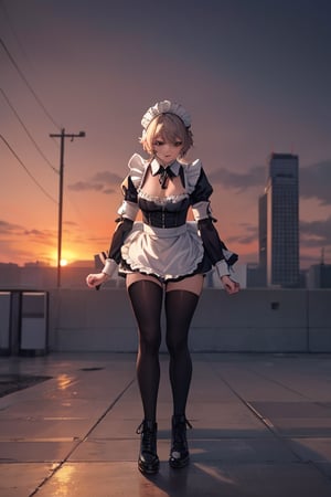 (masterpiece, best quality), highly detailed, highres, 1girl, short hair, maid outfit, outdoor, city,  sunset