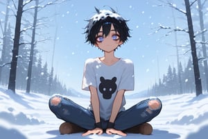 1girl, tomboy, minimal makeup with dark eyeliner, oversized t-shirt, ripped black skinny jeans, sitting on ground, wariza, v arms, snow, snowing, solo, winter, best quality, amazing quality, very aesthetic, absurdres, hires, beautiful face, perfect eyes, depth of field, score_9, score_8, score_7