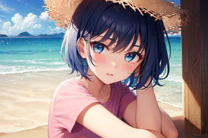 masterpiece, best quality, 1girl, short hair, blue hair, blue eyes, pink shirt, short sleeves, upper body, from front, outside, sand, sea