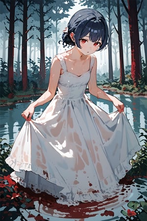 (score_9,score_8_up,score_7_up), mud,dcr34sed_c0l0ring, red theme, 1girl, morino rinze, dark blue hair, single hair bun, red eyes, white dress, sundress, skirt hold bowing, outdoor, tress, river, forest, rainy, wet