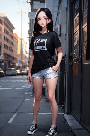 (masterpiece), best quality, highly detailed, 1girl, mature female, black hair, long hair, straight hair, forehead, black eyes, shirt, short sleeve, shorts, sneakers, standing, outside, [fisheye lens:: 1], foreshortening