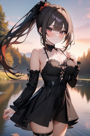 1girl, Kurumi Tokisaki , (Date A Live), lake, [2.5D:7], masterpiece, best quality, highres, newest, very aesthetic, General
