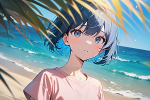1girl, short hair, blue hair, blue eyes, pink shirt, short sleeves, upper body, from front, outside, sand, sea, masterpiece, best quality, absurdres, very aesthetic, newest, General