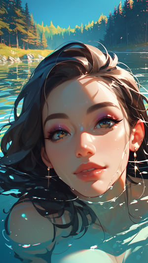 score_9, score_8_up, score_7_up, 1girl, face focus, head portrait, partially submerged, lake, trees