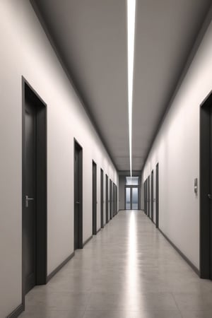 monotonous office walls, buzzing lights, empty corridors stretching to infinity, unsettling calm, photorealistic render, 4k quality
