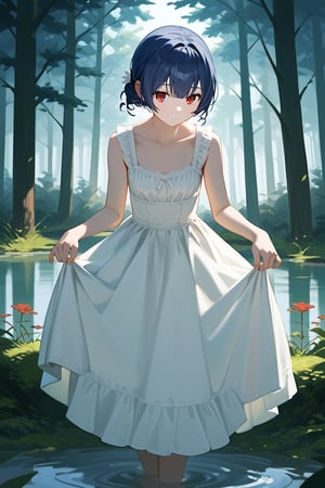 (score_9,score_8_up,score_7_up), wlop, 1girl, morino rinze, dark blue hair, single hair bun, red eyes, white dress, sundress, skirt hold bowing, outdoor, tress, nature, river, forest