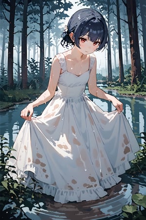 (score_9,score_8_up,score_7_up), mud,dcr34sed_c0l0ring,<color> theme, 1girl, morino rinze, dark blue hair, single hair bun, red eyes, white dress, sundress, skirt hold bowing, outdoor, tress, river, forest, rainy, wet