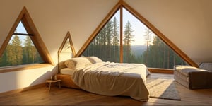 A cozy bedroom with soft, ambient lighting, featuring a unique triangle-shaped window overlooking a serene forest. The window lets in a warm, golden glow as the sun sets, casting intricate shadows on the wooden floor. The bed is adorned with plush, textured blankets and pillows, with a rustic wooden headboard. Soft, flowing curtains frame the triangle window, and a small plant sits on the windowsill, adding a touch of greenery. The room has a warm, earthy color palette, with detailed textures, high-quality rendering, 8k,360 View, 360