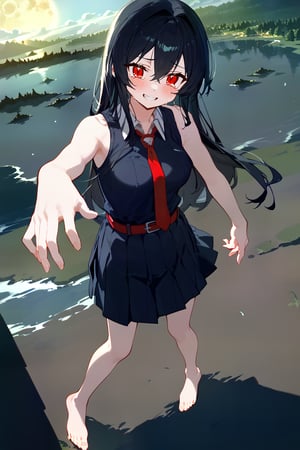 (score_9,score_8_up,score_7_up), flat color, 1girl, Akame, red eyes, black hair, long hair, hair between eyes, medium breasts, black school uniform, sleeveless, bare shoulders, red necktie, pleated skirt, red belt, bare feet, standing, from above, grass, lake, blue sky, complex background, landscape, night sky, full moon, night light, backlighting, dark background