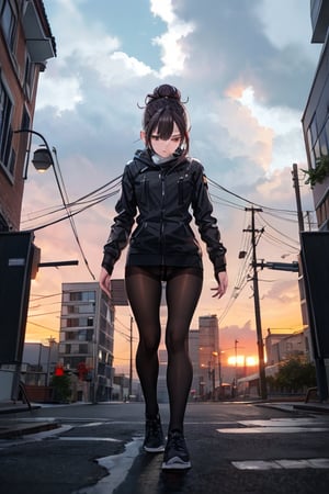 (masterpiece, best quality), highly detailed, highres, 1girl, hair bun, black pantyhose, city, stormy weather
