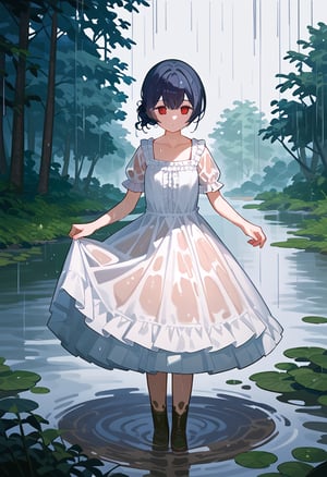 (score_9,score_8_up,score_7_up), anime, morino rinze, 1girl, dark blue hair, single hair bun, red eyes, white dress, sundress, frilled dress, short sleeves, see-through sleeves, skirt hold bowing, outdoor, tress, river, forest, rainy weather, wet, mud