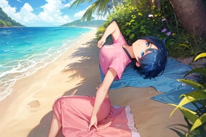 masterpiece, best quality, 1girl, short hair, blue hair, blue eyes, pink shirt, short sleeves, outside, sand, sea