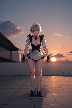 (masterpiece, best quality), highly detailed, highres, 1girl, short hair, maid outfit, outdoor, rooftop, city, sunset