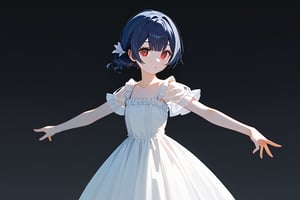 (score_9,score_8_up,score_7_up,score_6_up,score_5_up,score_4_up), morino rinze, 1girl, dark blue hair, single hair bun, multicolored eyes, red eyes, dress, white dress, sundress, frilled dress, short sleeves, see-through sleeves, simple background gradient background, black background