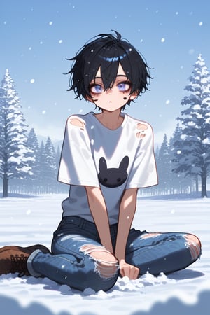 1girl, tomboy, minimal makeup with dark eyeliner, oversized t-shirt, ripped black skinny jeans, sitting on ground, wariza, v arms, snow, snowing, solo, winter, best quality, amazing quality, very aesthetic, absurdres, hires, beautiful face, perfect eyes, depth of field, score_9, score_8, score_7