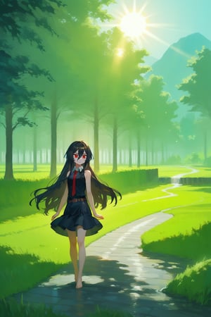 (score_9,score_8_up,score_7_up), wlop, 1girl, Akame, long hair, black hair, red eyes, hair between eyes, skirt, dress, necktie, sleeveless, belt, shirt, black shirt, collared shirt, red necktie, black skirt, barefeet, standing, vanishing point, grass, nature background, landscape, day, sun, sunlight
