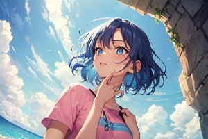 masterpiece, best quality, 1girl, short hair, blue hair, blue eyes, pink shirt, short sleeves, upper body, from below, outside, sand, sea