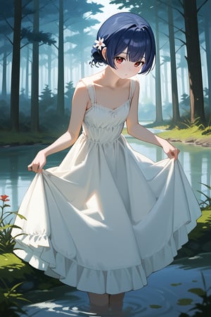 (score_9,score_8_up,score_7_up), wlop, 1girl, morino rinze, dark blue hair, single hair bun, red eyes, white dress, sundress, skirt hold bowing, outdoor, tress, nature, river, forest